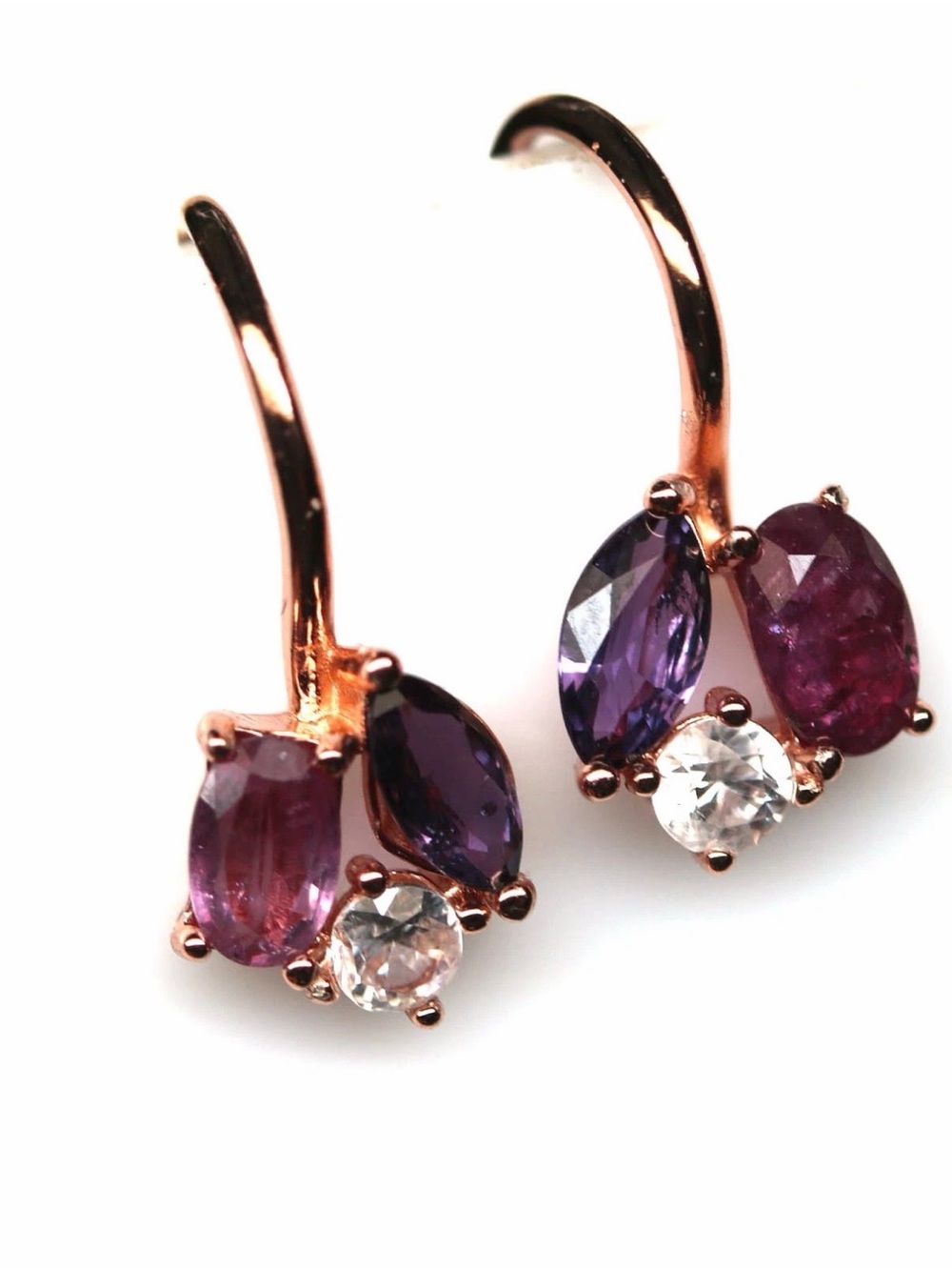 Graceful Vintage Natural Ruby & Topaz Drop Earrings 18K Rose Gold over 925 SS